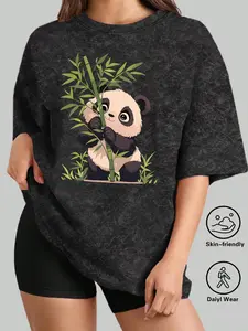Cute Panda & Bamboo Women's Casual Short Sleeve Crew Neck Cotton T-Shirt – Bestselling Wildlife Graphic Print, Mineral Wash Black, Machine Washable Spring & Summer Top, Soft Skin-Friendly Fabric, Daily Versatile, Fashion Design