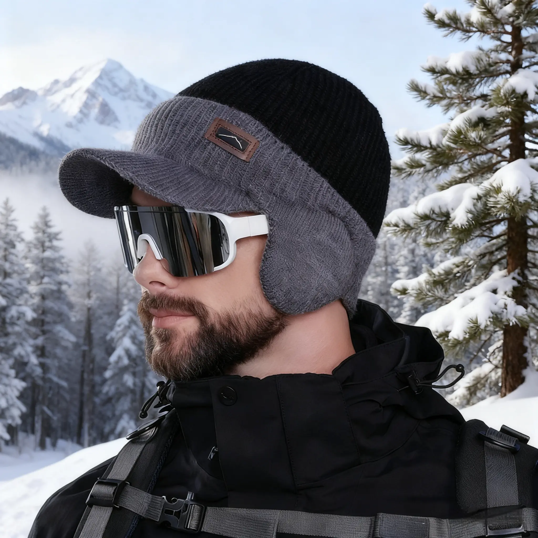 Men's Winter Hat Warm Cold-Proof Ear-Covering Baseball Cap Knitted Pullover Woolen Fleece-Lined Thickened Head Covering