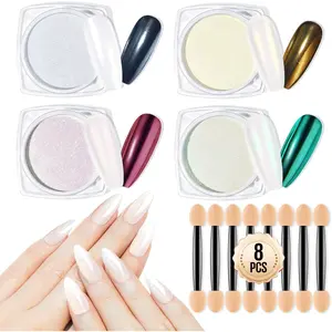 MEFA White Pearl Chrome Nail Powder, 4 pcs Magic Chrome Powder for Nails Mirror Effect Chrome Powder Pigment Pearlescent Mermaid Holographic Nail Powder Glitter Nail Powder Nailr Art Decoration