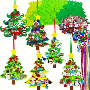 18-Pack DIY Christmas Felt Tree Craft Kit, Festive Handmade Decorations, Assorted Ornaments, Snowman, Candy, Stocking, for Family, Party, Holiday