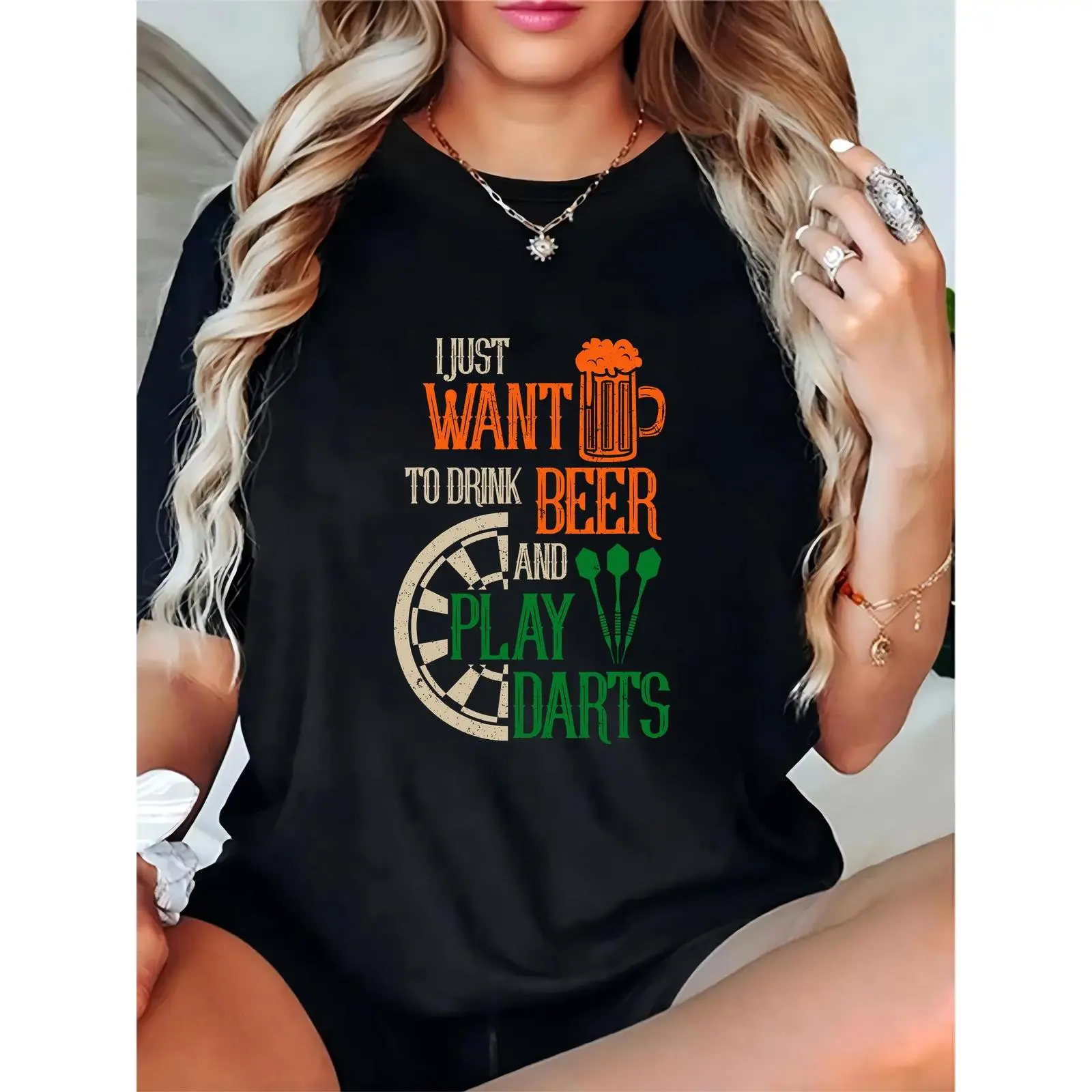 Women’s Black Graphic T-Shirt - Beer Mug, Dartboard & Darts Print - “I Just Want to Drink Beer & Play Darts” - Perfect for Dart Enthusiasts, Beer Lovers, Casual Outings, Game Nights & Sports Events
