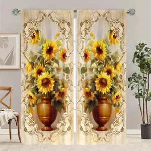 2-piece set   Sunflower pattern semi-transparent curtains, rod bag curtains, suitable for living room, bedroom and home decoration, machine washable, hookless