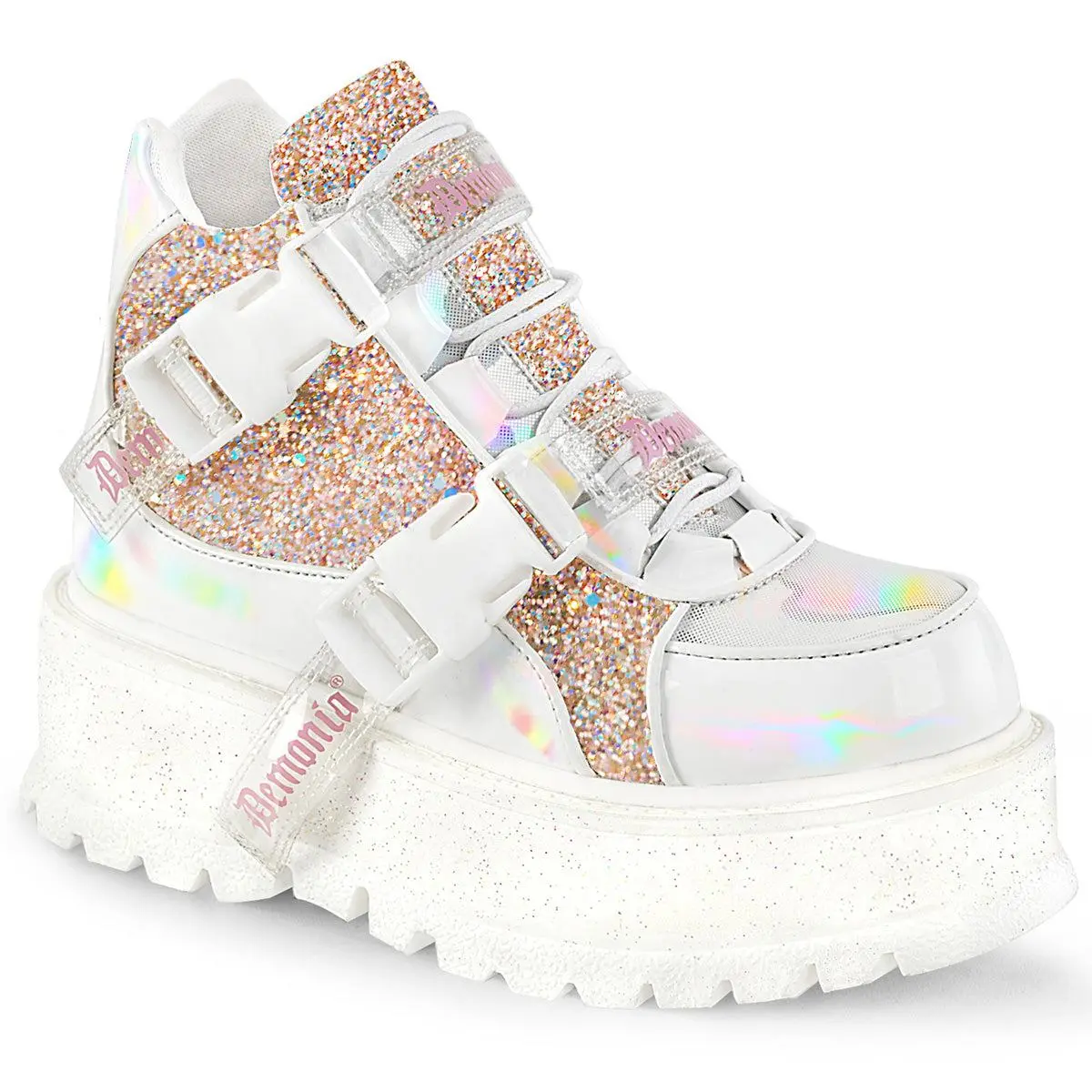 Demonia Slacker-50 White Holographic Patent-Baby Pink Multi Glitter Platforms Demonia Slacker-50 White Holographic Patent-Baby Pink Multi Glitter Platforms