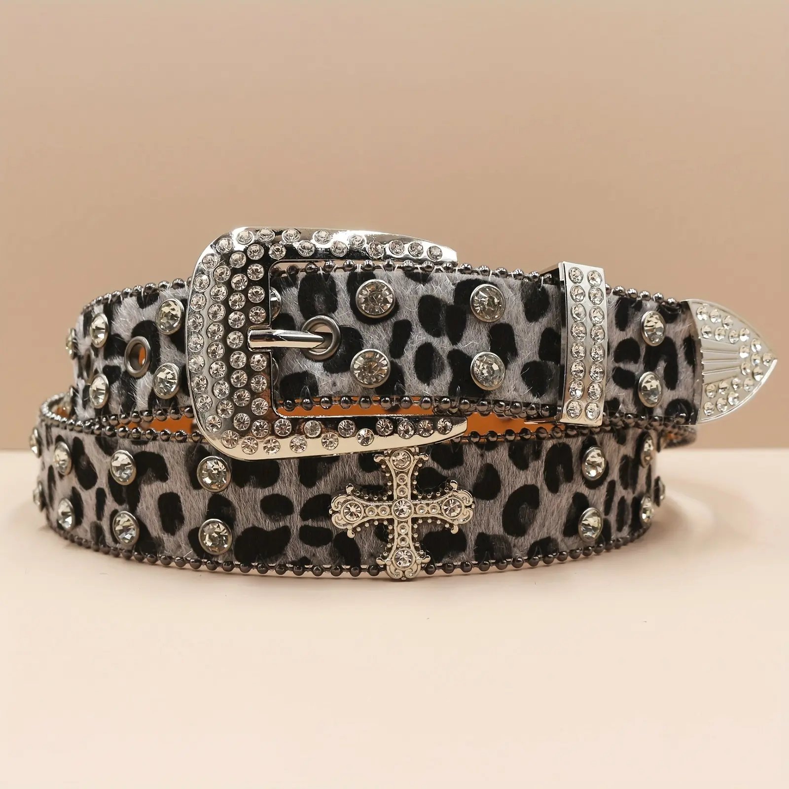 Women's Leopard Print Rhinestone Belt - Cool Costume Waist Belt, Versatile Fashion Accessory with Sparkle Diamond Embellishments, Glitter Cross Metal Buckle, Cool Belts, Versatile Fashion Belt