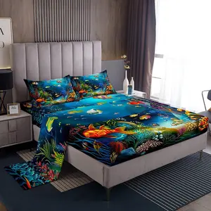 Feelyou Cartoon Ocean Fish Complete Sheet Set - Breathable Microfiber Bedding Set, Luxury Decorative Underwater World Linens with Soft Cozy Sealife Deep-Pocket Fitted Sheet, Breathable Sheets