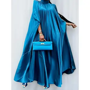 Plus Size Solid Ruched Maxi Kaftan Dress, Elegant Mock Neck Batwing Sleeve Dress, Women's Plus Size Clothing