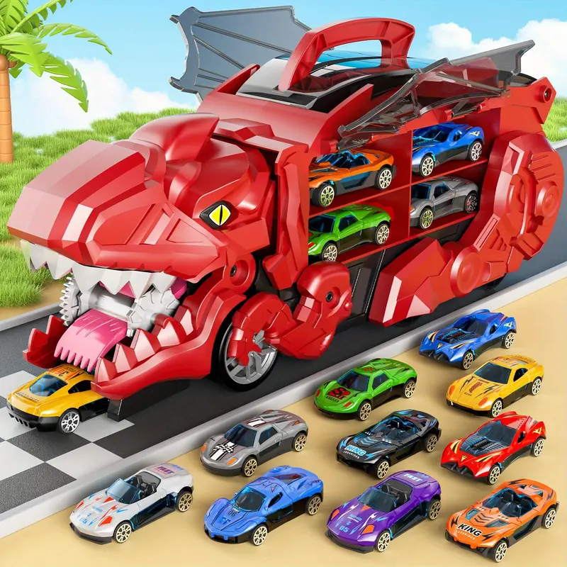 Dinosaur lover Devouring Truck Toy with 10 Random Color Style Die-Cast Cars Transforming Tyrannosaurus Rex Vehicle Inertia Toy alloy Car for Kids Age 3 to 6 that Transforms into Dino Birthday Gift Stocking Filler Christmas Gift Indoor Toy