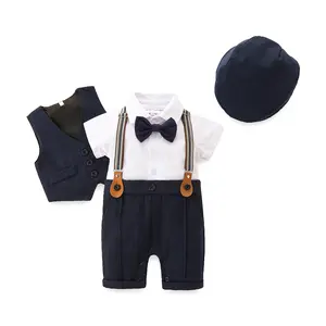 3pcs Newborn Baby Boy Gentleman Outfits Short Sleeve Jumpsuit with Bow + Waistcoat + Hat Infant Long Pants Set