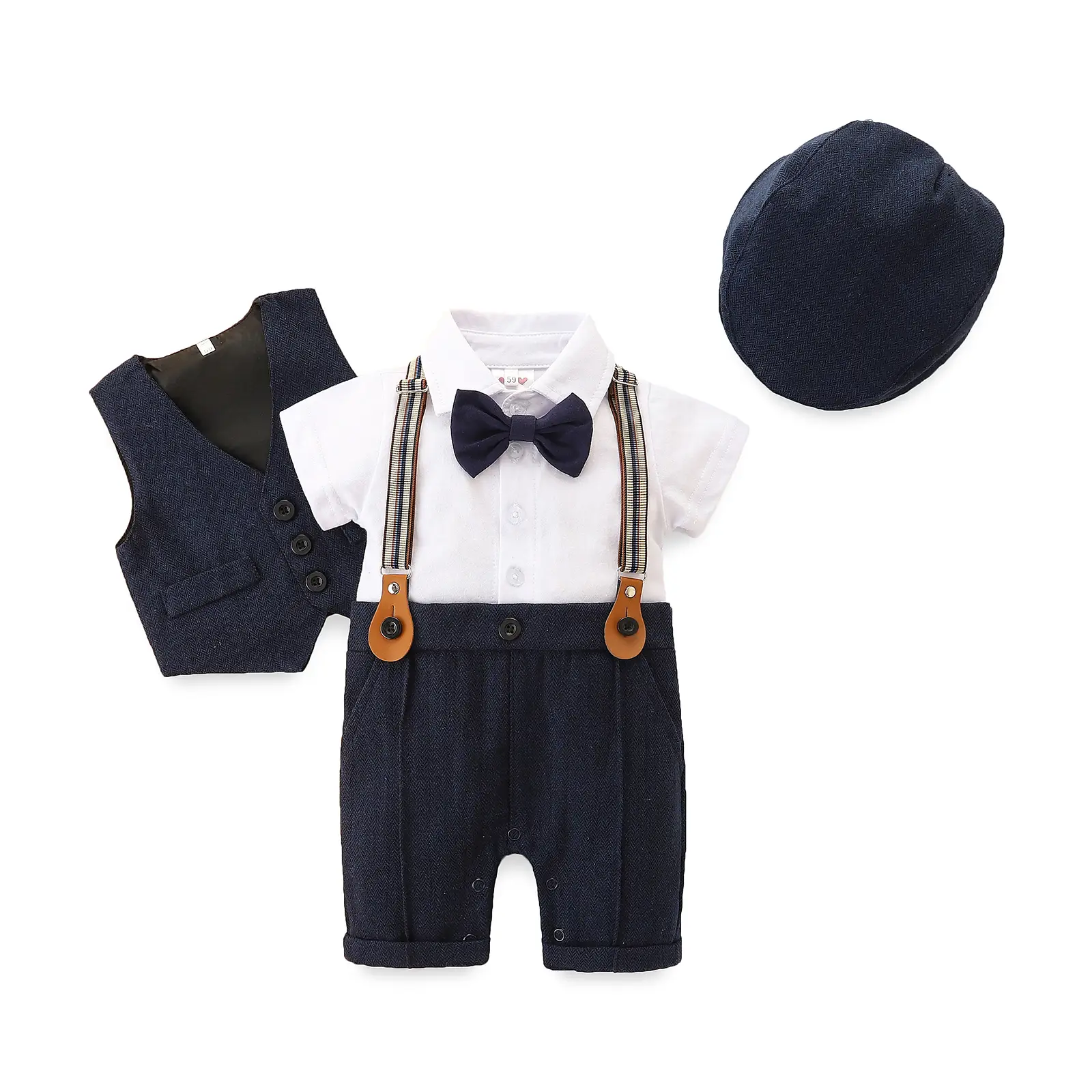 3pcs Newborn Baby Boy Gentleman Outfits Short Sleeve Jumpsuit with Bow + Waistcoat + Hat Infant Long Pants Set