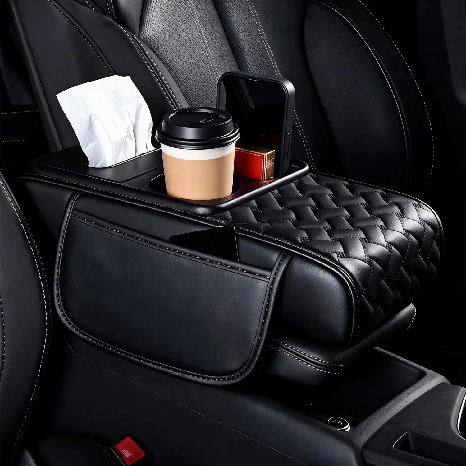 6 in 1 Thickned Car Center Console Armrest Pillow, Memory Foam Auto Armrest Box Cover with Side Pocket & Cup Holder & Phone Holder & Tissue Box, Waterproof Leather Arm Rest Protector Cushion, Car Accessories Diamond Pattern- Black