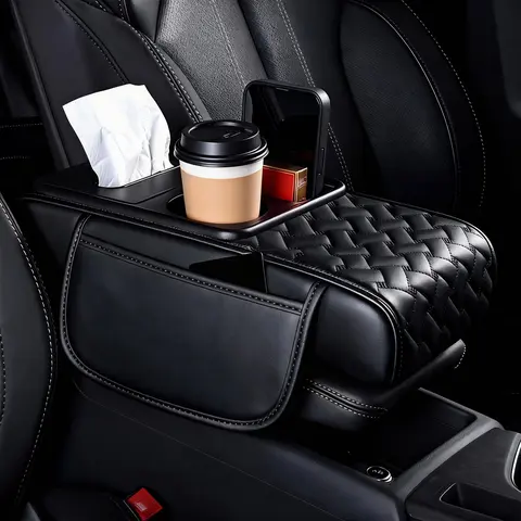 6 in 1 Thickned Car Center Console Armrest Pillow, Memory Foam Auto Armrest Box Cover with Side Pocket & Cup Holder & Phone Holder & Tissue Box, Waterproof Leather Arm Rest Protector Cushion, Car Accessories Diamond Pattern- Black