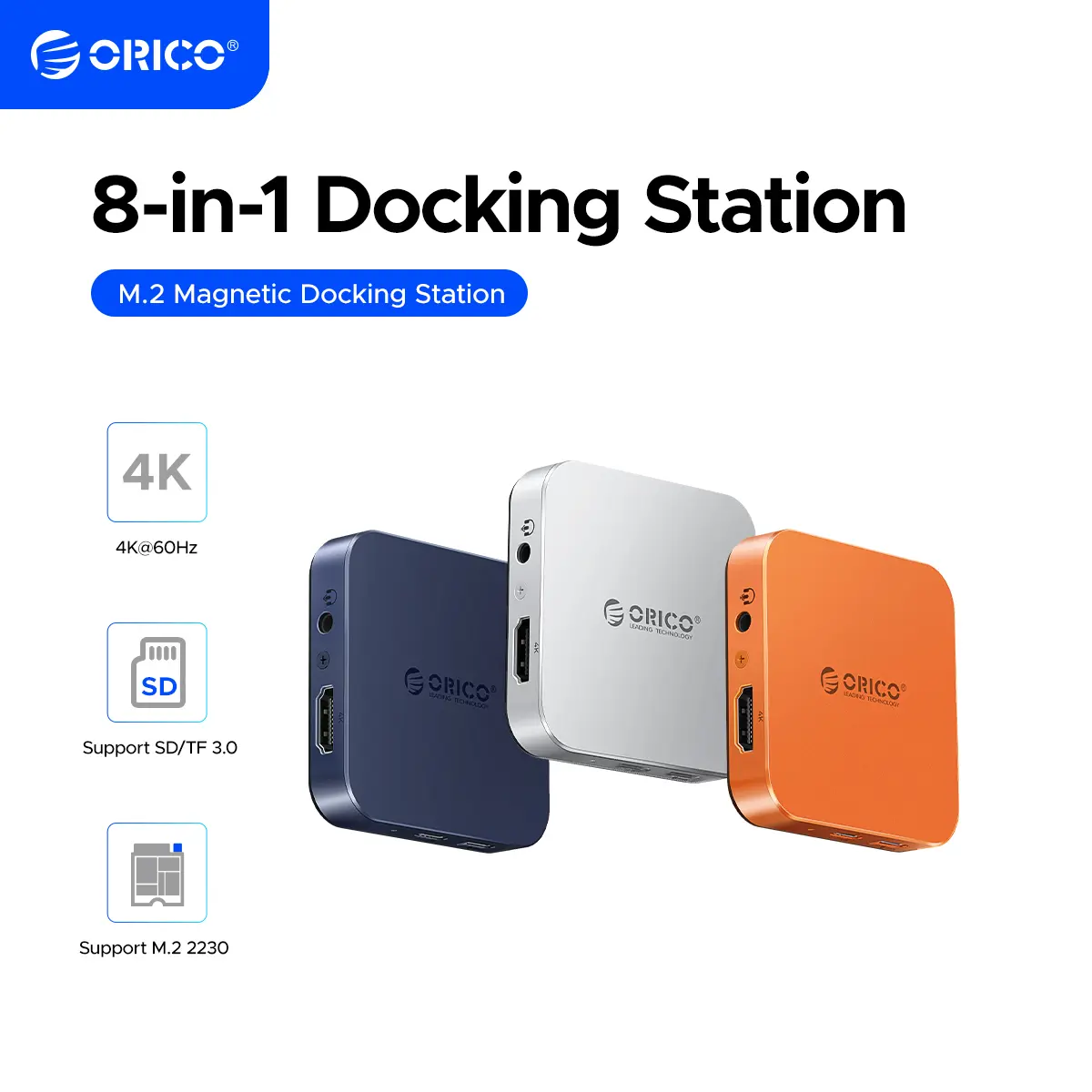 ORICO 10Gbps Magnetic M.2 Docking Station, 8-in-1 USB C HUB & M.2 2230 NVMe Enclosure with HDMI 4K@60Hz,SD/TF, USB-A&C 3.2, 100W PD, AUX, USBC Dock for iPhone 17/16/15 Pro/Pro Max