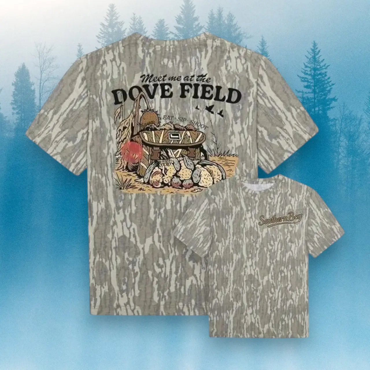 Dove Field Mossy Oak Bottomland Camo T-Shirt, Full Print Duck Hunting Shirt, Short Sleeve Waterfowl Outdoor Tee, Men's Casual Camouflage Apparel, Duck Hunting Gift for Dad