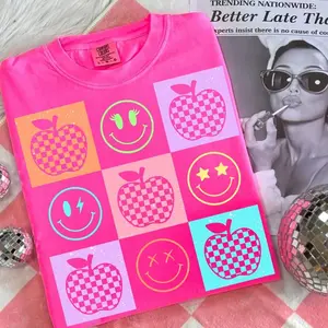 Comfort Colors Checkered Teacher Smiley Shirt, Neon Distressed Graphic Tee, Hello Kindergarten Classroom Shirt, Cute Girly Pink Bow Teacher Top