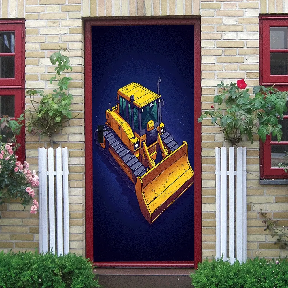 2pcs Kids Room Construction Vehicle Wall Sticker Cartoon Bulldozer Bedroom Decor Removable Self Adhesive Boys Nursery Decoration Early Learning Educational Toy Stickers Collage Self-Adhesive Door Sticker