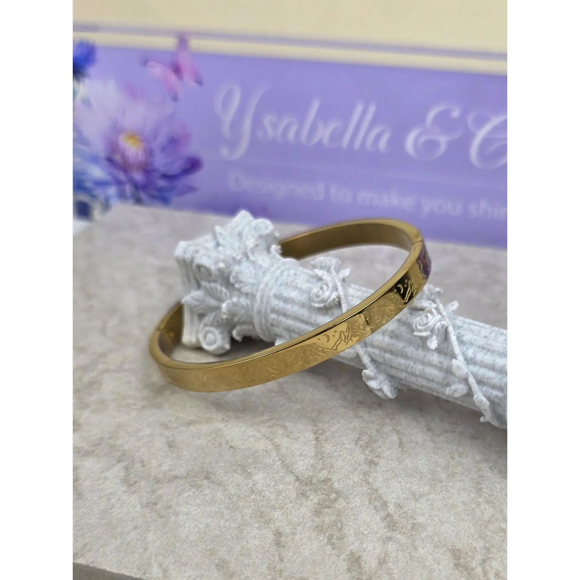 18K Gold Plated Engraved Cuff Bangle Bracelet – Stainless Steel, Hypoallergenic, Tarnish Resistant