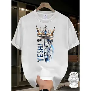 YZLMC Men' & Women' Suitable for Daily Wear T-Shirt - Half Lion Half Yeshua Print with Crown Design, Blue & Golden Hebrew/Aramaic Lettering, Breathable Round Neck Casual Summer Top, Machine Washable Unisex Blouse Fashion Apparel versatile t shirt commuter