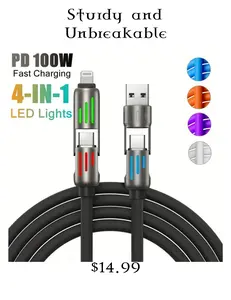 240W Super Fast Charging Cable 4 In 1 Multi Connectors Charger Rotating Elbow USB To Type-C 1.2M Mobile Phone Charger Cable
