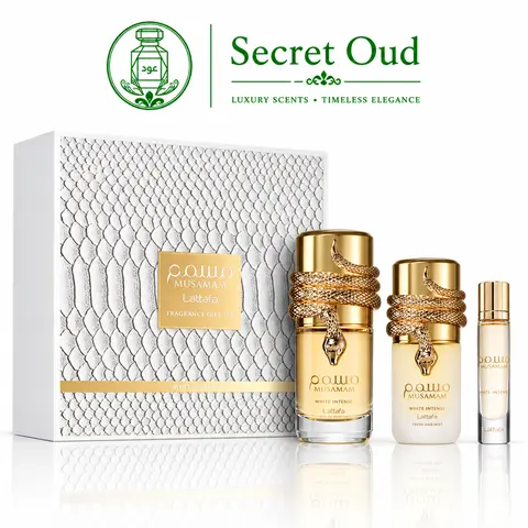Lattafa Musamam White Intense Unisex 3-Piece Packaged Gift Set - 100ml EDP Fragrance, 12ml Fragrance Bottle, 50ml Non-Toxic Fresh Natural Hair Mist, Coconut Scent, Spice Base, Fragrance Bottles