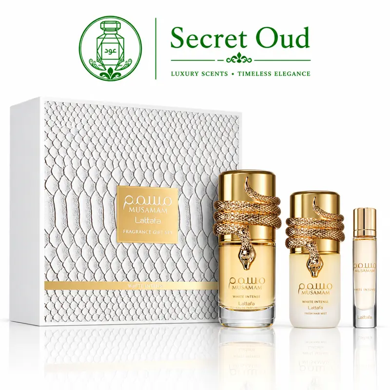 Lattafa Musamam White Intense Unisex 3-Piece Packaged Gift Set - 100ml EDP Fragrance, 12ml Fragrance Bottle, 50ml Non-Toxic Fresh Natural Hair Mist, Coconut Scent, Spice Base, Fragrance Bottles