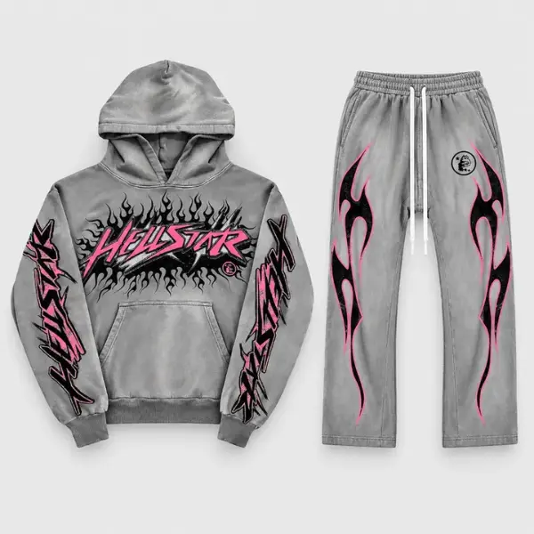 Hellstar Future Flame Grey Hoodie & Sweatpants, Y2K Graphic Streetwear, Unisex Sweatpants, Casual Urban Outfit