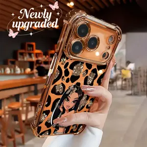 Leopard print girl pattern, four-corner drop protection, non-slip TPU electroplated full-coverage camera phone case, compatible with iPhone 17, 16, 15, 14, 13, 12, 11, XS, X series and other models. Makes a great gift for friends or family.