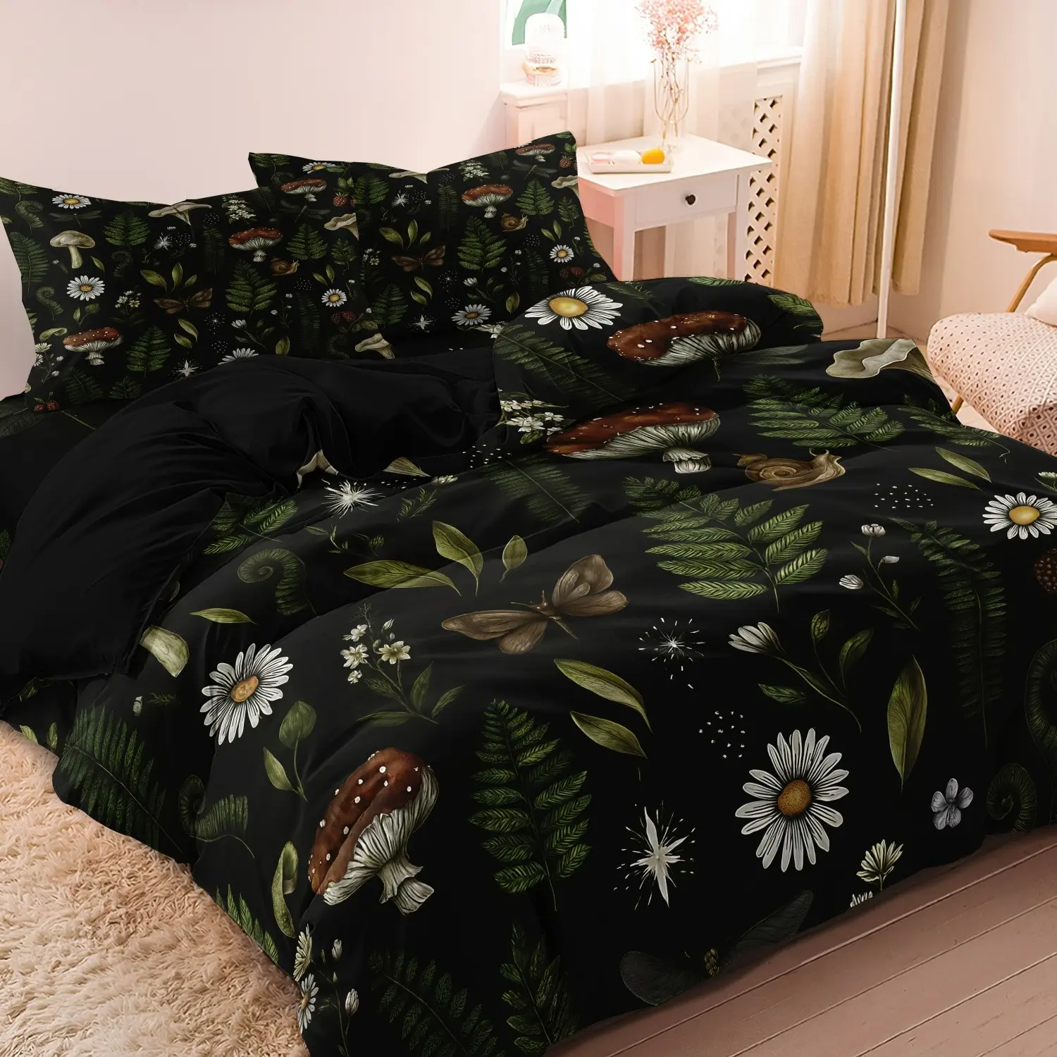 3pcs Enchanted Forest Mushroom & Floral Polyester Bedding Set - Soft & Breathable Duvet Cover , Zip Closure, Machine Washable - Ideal for All Seasons, Perfect Gift for Family & Friends (1 Duvet Cover + 2 Pillowcases,  No Quilt) Duvet Cover Sets