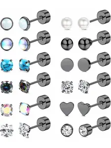 20G Push-in Threadless Flat Back Earrings for Women Mens Surgical Steel Stud Earrings for Sensitive Ears, 14K Gold Plated Pearl Opal Ball Heart CZ Cartilage Earring Sets Hypoallergenic Heart Shaped Earrings