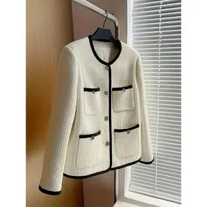 Women's Elegant Ivory White Round Neck Coat Long Sleeve Button Cardigan with Chest Pocket Spring Autumn Office Casual Overcoat Clothes Suits Womenswear Gamis Fitted Minimalist Basic