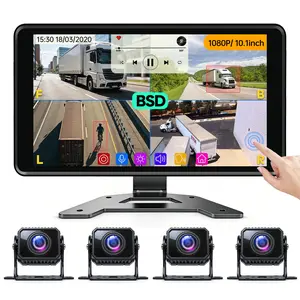 ConewVehicle Truck Backup Camera System 10.1" Quad Split Touchscreen Monitor 4 1080P Rear Side View AHD Cameras MP5 Player BSD System DVR Recorder IP69 Waterproof Night Vision for RV/Truck/Bus/Trailer/Camper/Van