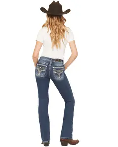 Miss Me Women's Dark Wash Mid Rise Embroidered Pocket 34" Bootcut Stretch - M3444b141l