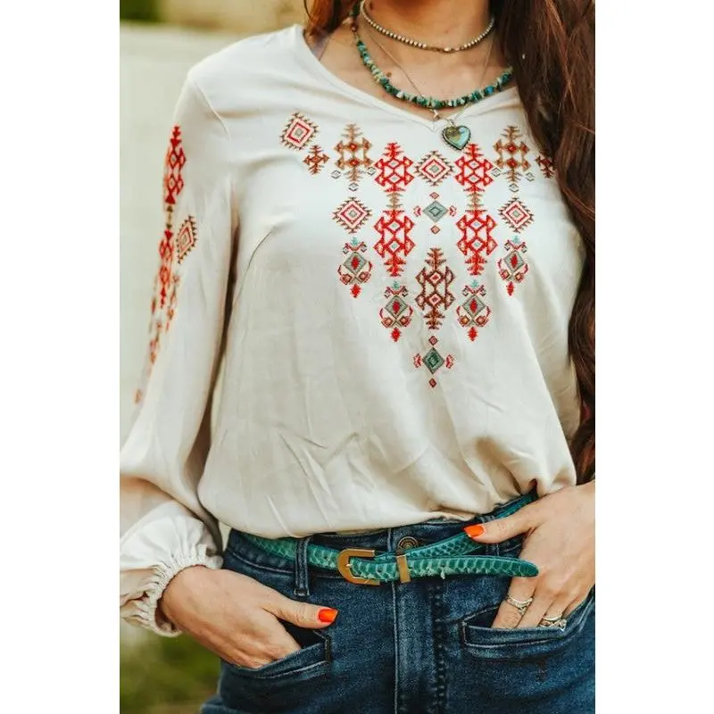 Ivory Aztec Embroidered Top