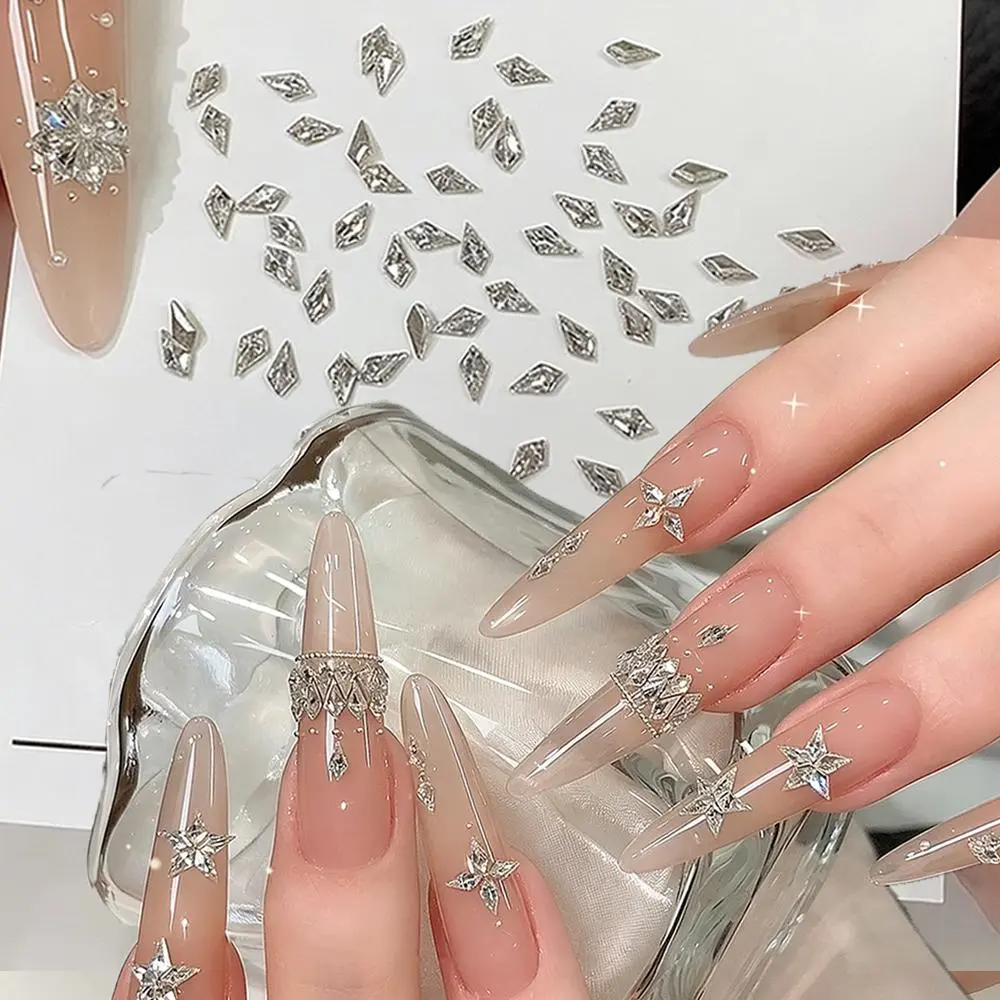 50Pcs Flashing Rhombic Arrows Irregular Shape Nail Diamond Mini Kite-Shaped Diamond Nail Art Rhinestone Flat Bottom Nail Zircon