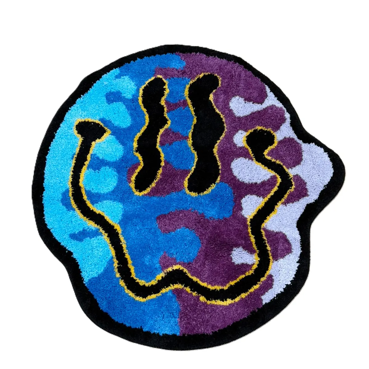 Gradient Blue Purple Camo Smiley Face Tufted Rug, Irregular Cloud Shaped Soft Fluffy Handmade Floor Mat, Psychedelic Y2K Aesthetic Plush Carpet, Cool Trippy Decorative Rug for Bedroom Dorm Bathroom Entryway, Trendy Teen Room Accent Mat