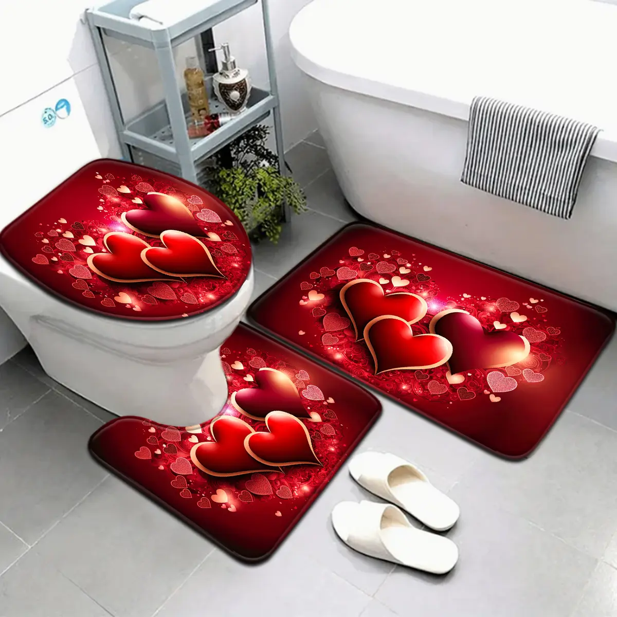 3pcs Valentine's Day Series Vintage Heart Pattern Bathroom Mat Set, Toilet Lid Cover, U-Shaped Foot Mat