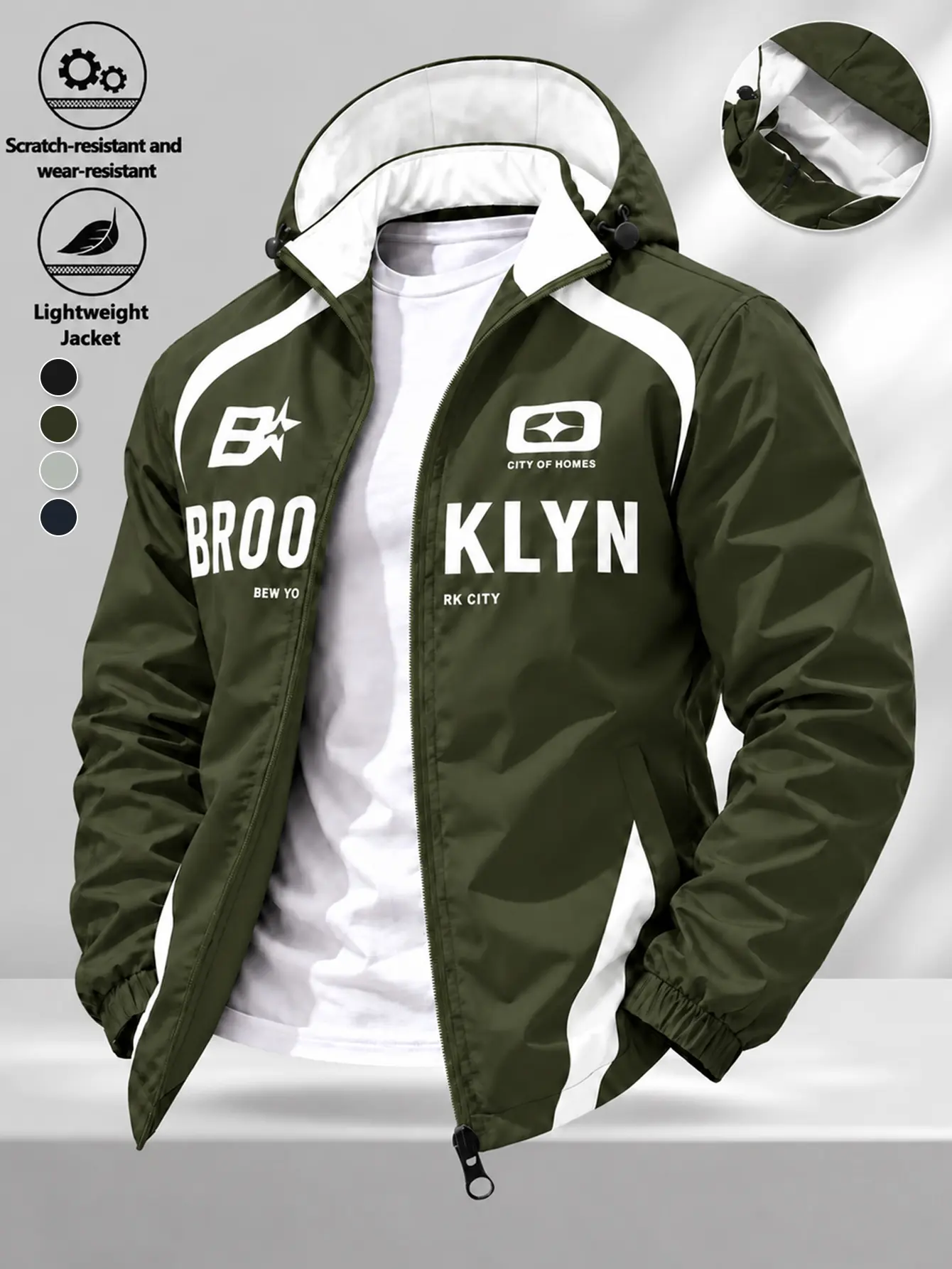 Men's Hooded Windbreaker Jacket BROOKLYN Letter Print Color Block Lightweight Outdoor Casual Zip Up Coat