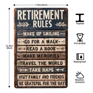 1pc Retirement Rules Tin Sign, 8x12inch - Rustic Wall Decor with Inspirational Retirement Phrases, Durable Pewter Material, Ideal for Home & Gift, Gift for Retirees, Retirement