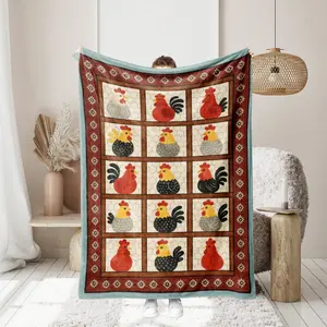 1pc colorful cock pattern blanket with floral frame and honeycomb background printed flannel blanket is skin-friendly and warm. Suitable for home office travel and camping Cozy Throw Blanket