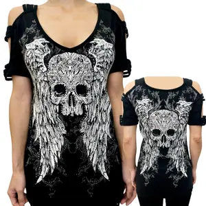SKULL ANGEL Tied Sleeve Bling Top Tattoo Grapic Rhinestone Alternative Casual Summer Retro Womenswear Everyday Fit Graphic Goth Edgy