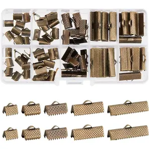 PH PandaHall 100Pcs Assorted Sizes of Antique Bronze Ribbon Clamp End Crimps Bracelet Bookmark Leather Pinch Crimps Sets Size 8-25x6-8x5mm in Box for Jewelry Craft Supplies
