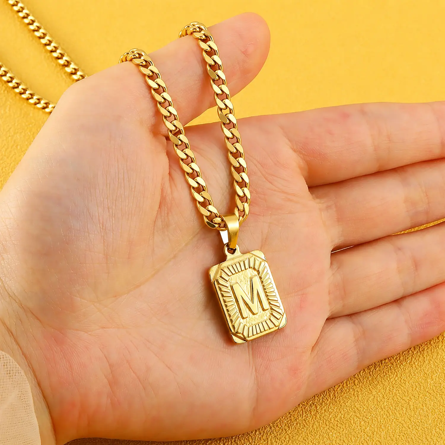 14K Gold Plated Initial Necklace for Men Stainless Steel Square Letter Pendant with 16-26 Inches Chain Trendy A-Z Letter Pendant Necklaces Gifts for Women Boys