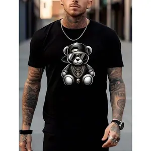 [100% Cotton] Men's Regular Fit Cartoon Bear Print Round Neck Tee, Fashion Casual Streetwear Short Sleeve T-shirt for Daily Outdoor Wear, Graphic Tees, Mens Clothes for Summer Black Crewneck Top Menswear Tshirt Tropical Shortsleeve