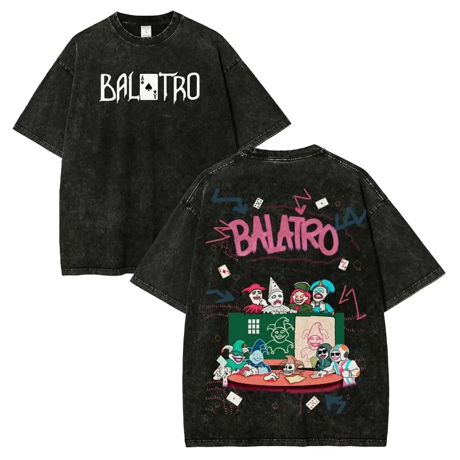 Vintage Washed Graphic T-shirt,Balatro Game Tee,Poker Joker Print Top,Oversized Streetwear Shirt,Retro Gaming Tshirt,Cartoon Card Game Tee,Loose Casual Short Sleeve,Game Fan Apparel,casual style graphic,unisex graphic,Design T-shirts.
