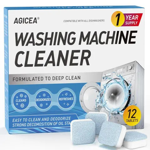Household Active Washing Machine Cleaner Tablets - 12 Pack, HE Compatible, Septic-Safe Clean, Eco-Friendly Sustainable Materials, Descales, Cleans Laundry Area & Tub Seal, Unscented, 12 Months Supply for Front/Top Load Washers