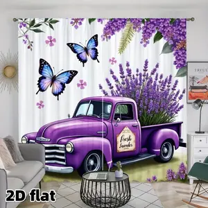 2D Flat 2Pcs Purple Lavender Truck Curtains, Blue Butterfly Pattern, Vintage Farmhouse Style, Rod Pocket Design, Semi Sheer Polyester, Botanical Print for Living Room Bedroom Kitchen Window Treatment, Decorative Drapes, Easy Care, Home Decoration Curtain
