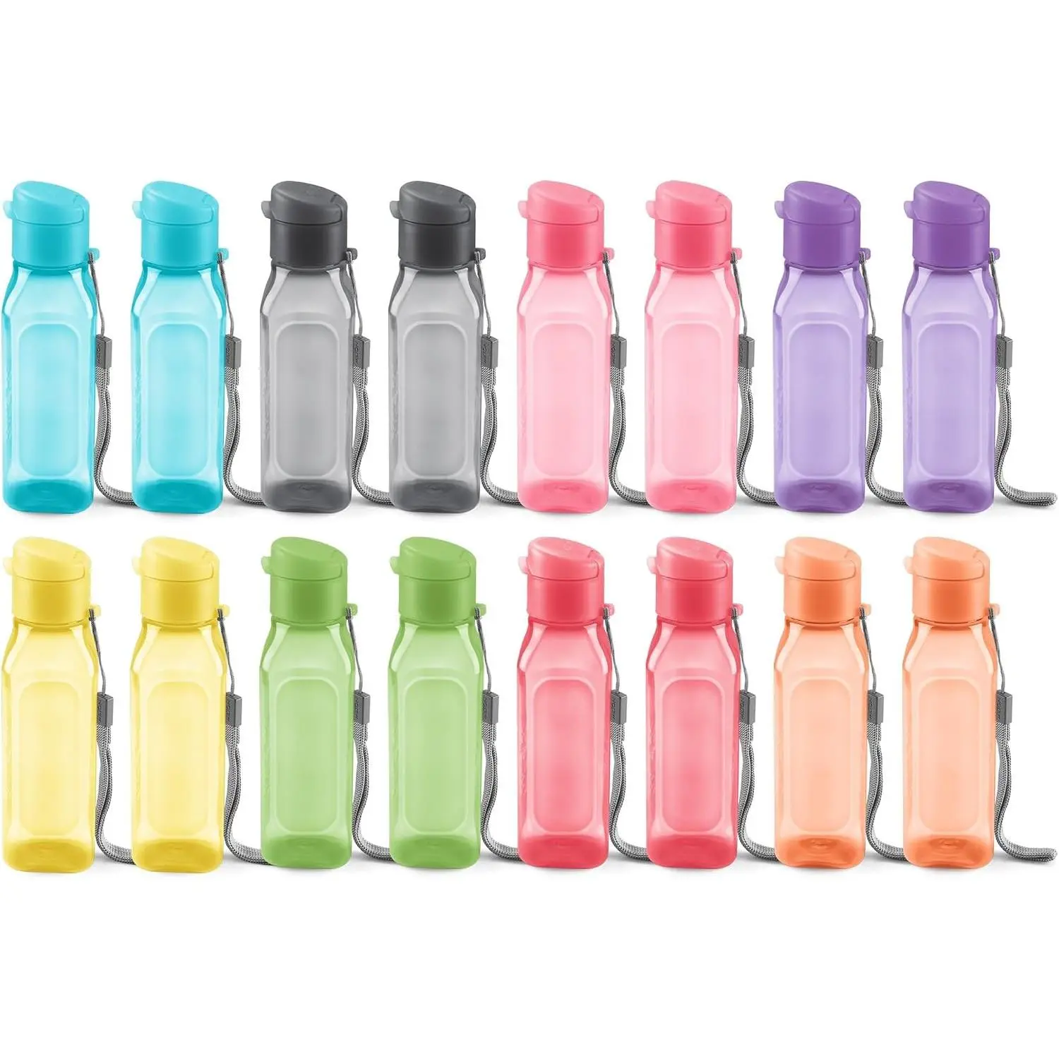 Bulk Set of 16 Multicolor 10oz Water Bottles for Kids and Adults - Leak Proof With Carry Strap - Square Reusable for Juice, Drinks - BPA-Free Dishwasher-Safe Gift