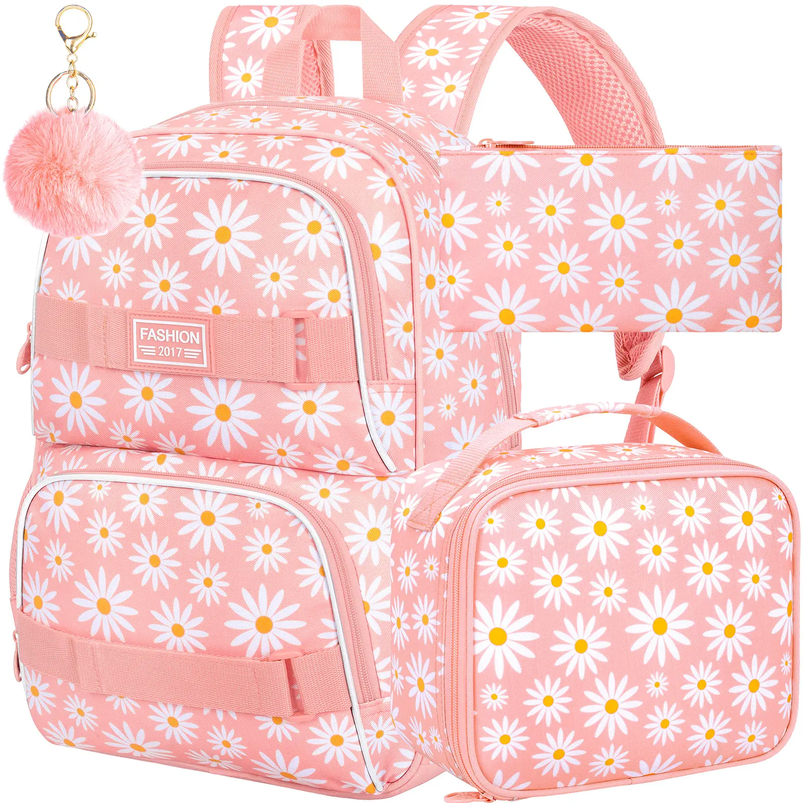 3PCS Daisy Girls Backpack, 17 Inch Laptop School Bookbag Teen College Water Resistant Kids Backpacks with Lunch Box Set - Pink