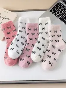 Women's Winter Socks Set, 5 Pairs Faux Fur Butterfly Knot Design, Cute Sweet Mid-Calf Sleepwear Warm Thickened Socks for Women, Soft Comfy Socks