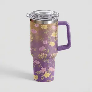 TAHOFLEX 30 oz Midnight Garden Insulated Tumbler, Moody Purple Travel Mug with Vintage Peony & Gold-Tone Floral Print, Comfort Handle & Straw, Elegant Dark Cottagecore Water Bottle, 48H Iced