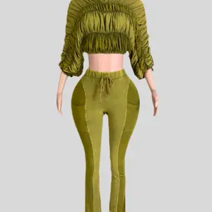 Mineral Wash Ruched Crop & Flare Set Clothes